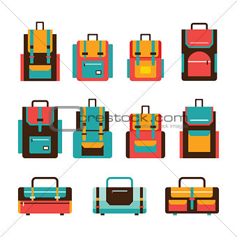 Colorful travel bag and packpack set Modern flat design