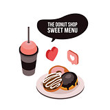 Delicious food Coffee Tea cup and dessert donut Isometric