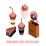 Delicious Food order Dessert Cake Donut Coffee Tea cup Isometric