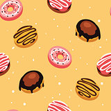 Seamless background pattern Delicious dessert Donuts with glaze and sprinkles