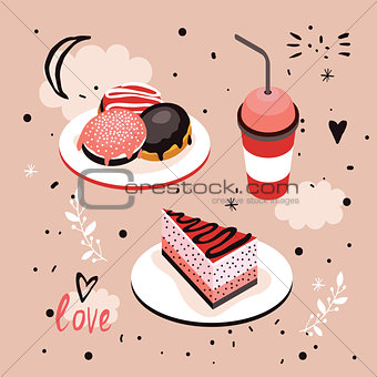 Delicious Food Sweet menu Dessert set Donut Cake Coffee cup 