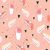 Delicious dessert food seamless background pattern Cakes and milkshakes