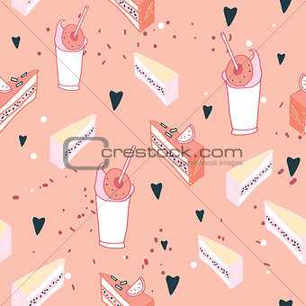 Delicious dessert food seamless background pattern Cakes and milkshakes