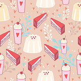 Hand drawn seamless background pattern Delicious dessert food Pudding Cake
