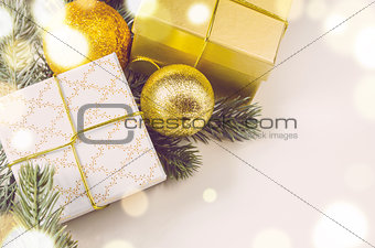 christmas gift boxes and balls