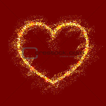 Vector gold shiny heart on red background