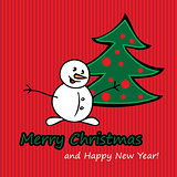 Merry Christmas postcard with fir and snowman.