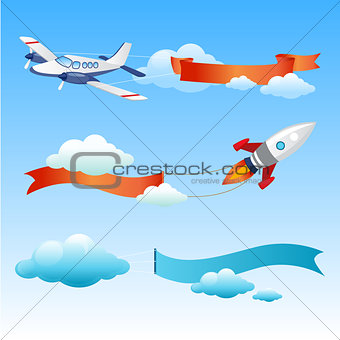 Plane and Rocket with Long Danners for Text on a Background of Sky