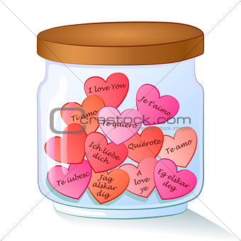 jar with red hearts and I Love You text in many languages