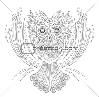 Zentangle Owl Coloring highly detailed isolated on white background, hand drawn illustrations. Vector monochrome sketch.