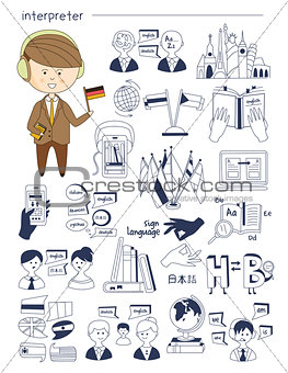 Interpreter, linguist, teacher, tutor Doodle style icons big set vector