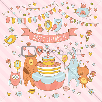 Happy birthday holiday card with cute animals, bear, rabbit, owl and the Pussycat. Having fun