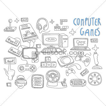Computer games doodles icon set vector