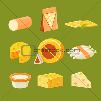 Different Types of Cheese, Flat Vector Illustration Set