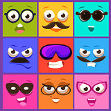 Cartoon Faces with Emotions and Mustache. Vector Illustration Set