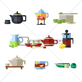 Tea Cup and Kettle Set. Vector Illustration