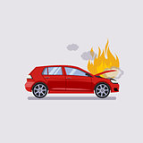 The broken hood of the red car is covered with fire and smoke. Flat style vector illustration