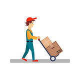 Delivery Man with Cart and Carton Boxes, Vector Illustration