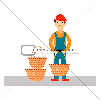 Delivery Man with Baskets, Vector Illustration