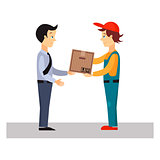 Delivery Man Gives Package, Vector Illustration