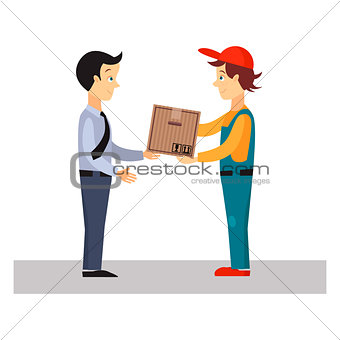 Delivery Man Gives Package, Vector Illustration