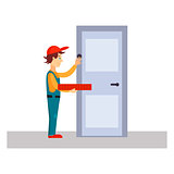 Delivery Man Knocking at Door, Vector Illustration
