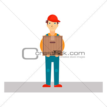 Delivery Man Holding Package, Vector Illustration