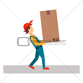 Delivery Man with Big Package, Vector Illustration