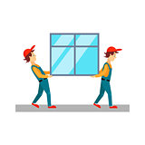 Delivery Men Carrying Window, Vector Illustration