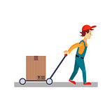 Delivery Man with a Cart Behind Him, Vector Illustration