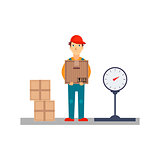 Delivery Man with Boxes and Scales, Vector Illustration