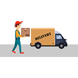 Delivery Man with a Box and Truck, Vector Illustration