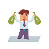 Business Man with Bags of Money Cartoon Character Vector Illustration