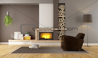 Living room with fireplace and leather armchair