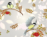 Seamless autumn background with leaves, rowan and birds. EPS10 vector illustration