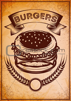 grunge retro poster with burger for fast food