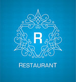 Monogram logo template with flourishes calligraphic elegant ornament elements on blue background