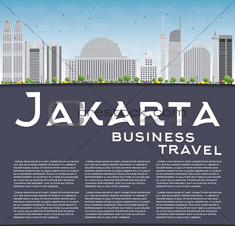 Jakarta skyline with grey landmarks, blue sky and copy space. 