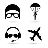 Skydiver on parachute, pilot, airplane silhouette icons. Vector format