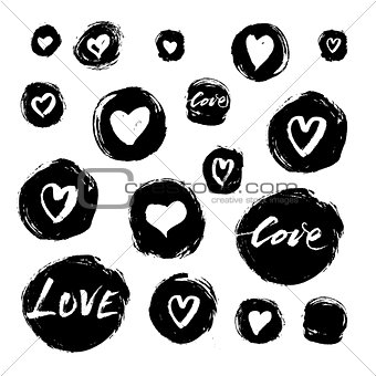 Set of vector grunge ink circles and hearts with handlettering