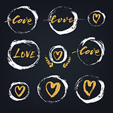 Set of white hand drawn textured spots and circles with hearts on the blackboard, Valentines Day design elements.