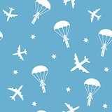 Cartoon Airplane seamless pattern, vector background with parachutists