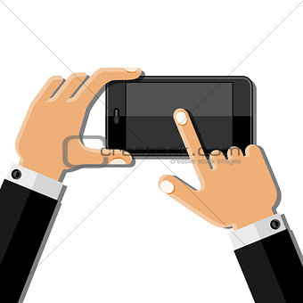 Hands holding mobile phone. Flat design