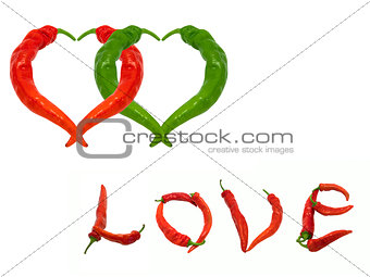 Two hearts and word Love composed of red and green chili peppers