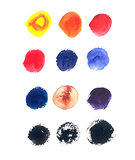 Set of round watercolor stains on white background
