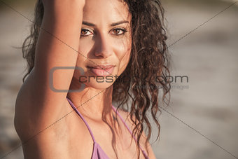 Sexy Woman Girl Sitting Wearing Bikini on Beach