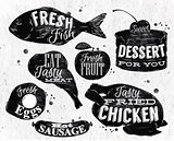 Eat symbol vintage lettering eggs, apple, chicken, cake, fish, meat, sausage
