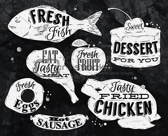 Eat symbol vintage in chalk lettering eggs, apple, chicken, cake, fish, meat, sausage