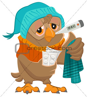Patient owl holding thermometer and pills