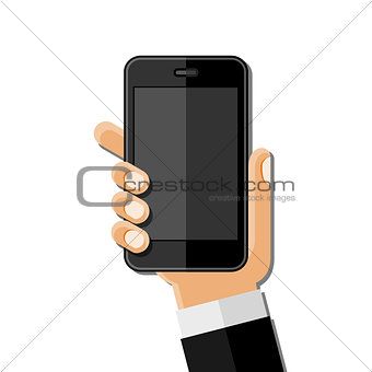 Hands holding mobile phone. Flat design